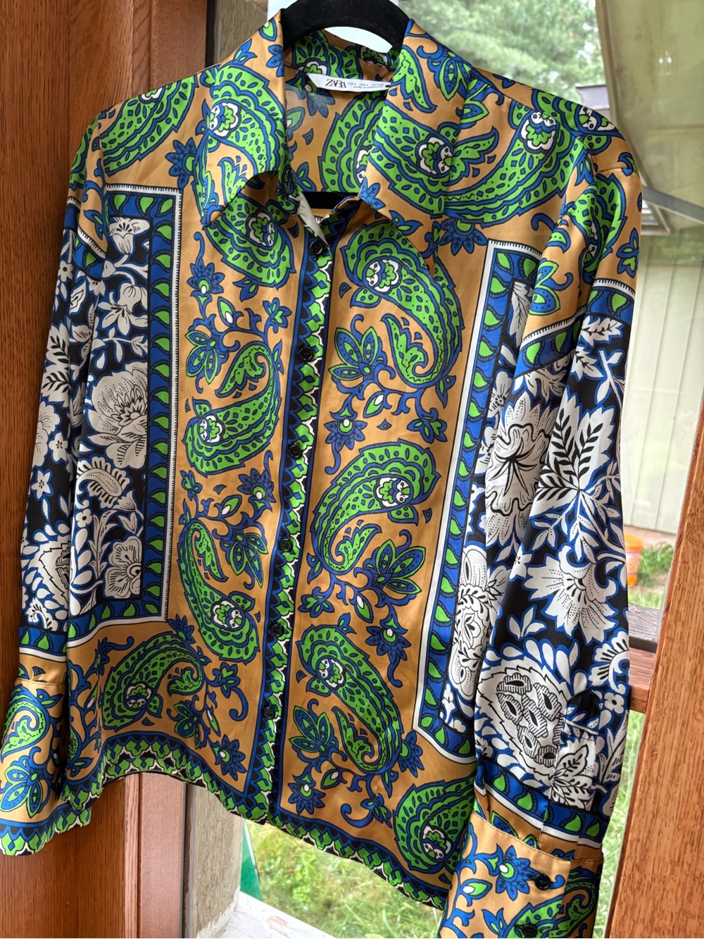 Zara Paisly Floral Silky Shirt Blue Green Large Button Down